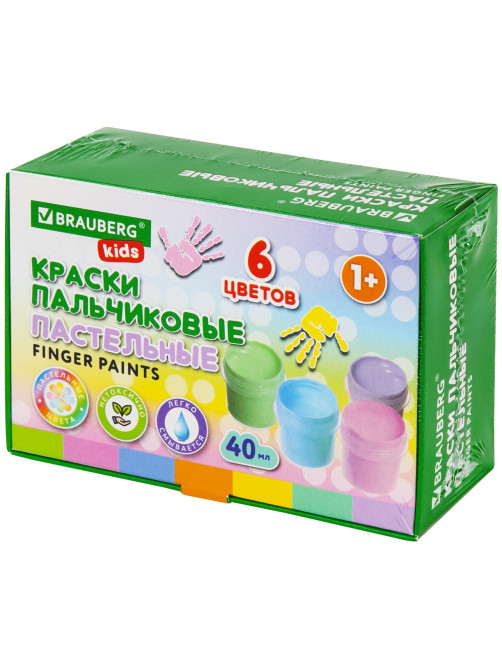 Краски пальчиковые пастельные для малышей от 1 года, 6 цветов по 40 мл, BRAUBERG KIDS, 192398