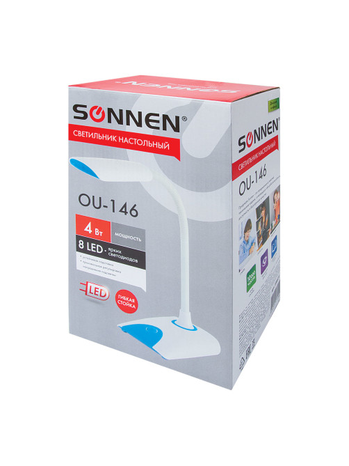 Настольная лампа / светильник SONNEN OU-146, на подставке, светодиодная, 4 Вт, белый/синий, 236671