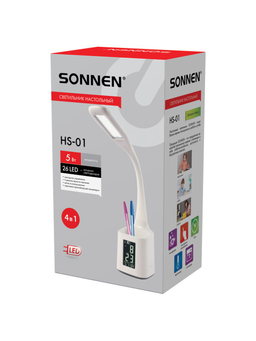 Настольная лампа / светильник SONNEN HS-01 на подставке, LCD-экран, СВЕТОДИОДНАЯ, 5 Вт, белый, 238234
