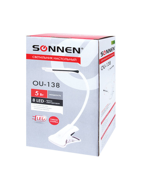 Настольная лампа / светильник SONNEN OU-138, на прищепке, светодиодная, 5 Вт, белый, 236668