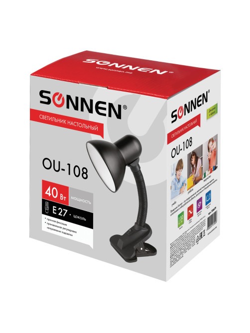 Настольная лампа / светильник SONNEN OU-108, на прищепке, цоколь Е27, черный, 236679