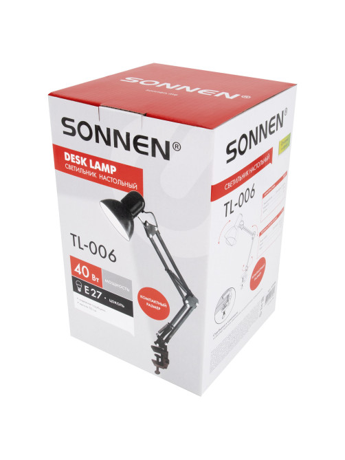 Настольная лампа-светильник SONNEN TL-006, струбцина, 40 Вт, Е27, черный, высота 50 см, 237648