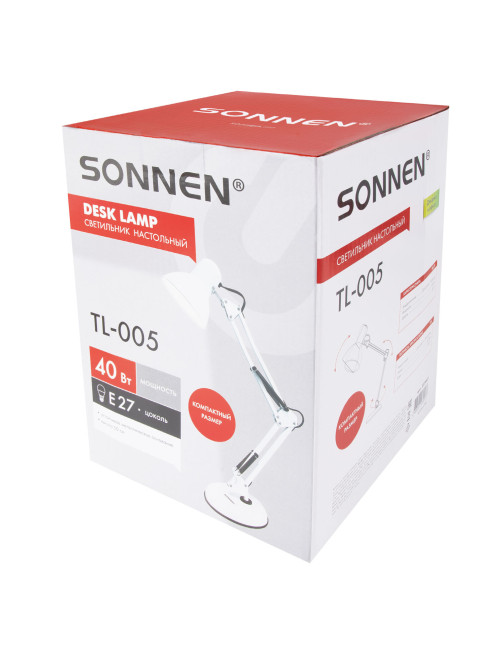 Настольная лампа-светильник SONNEN TL-005, подставка, 40 Вт, Е27, белый, высота 50 см, 237647