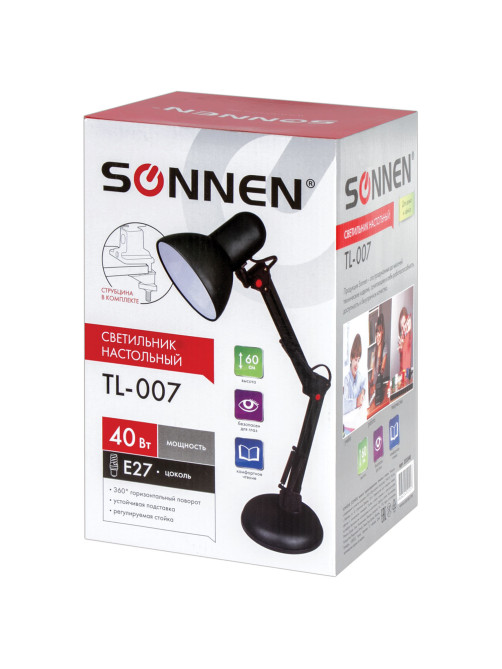 Настольная лампа / светильник SONNEN TL-007, подставка + струбцина, 40 Вт, Е27, черный, высота 60 см, 235540