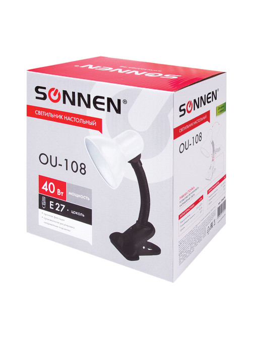 Настольная лампа / светильник SONNEN OU-108, на прищепке, цоколь Е27, белый, 236678