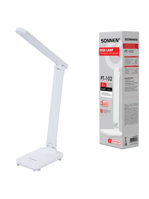 Настольная лампа / светильник беспроводная SONNEN PT-102, USB, LED, 3 Вт, 3 режима, белый, 238777