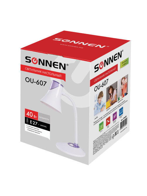 Настольная лампа / светильник SONNEN OU-607, на подставке, цоколь Е27, белый/фиолетовый, 236682