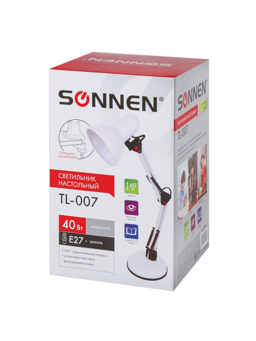 Настольная лампа / светильник SONNEN TL-007, подставка + струбцина, 40 Вт, Е27, БЕЛЫЙ, высота 60 см, 235539