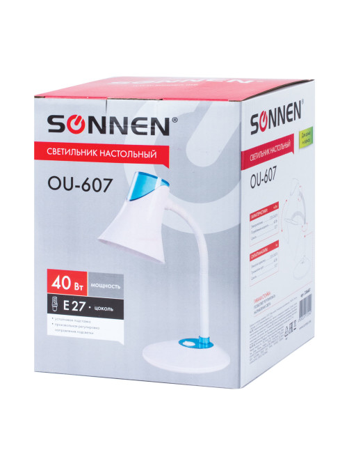 Настольная лампа / светильник SONNEN OU-607, на подставке, цоколь Е27, белый/синий, 236681
