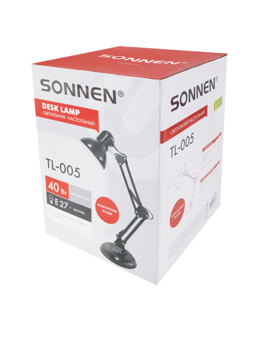 Настольная лампа-светильник SONNEN TL-005, подставка, 40 Вт, Е27, черный, высота 50 см, 237646