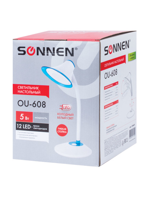 Настольная лампа / светильник SONNEN OU-608, на подставке, светодиодная, 5 Вт, белый/синий, 236669