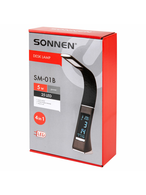 Настольная лампа / светильник SONNEN SM-01B на подставке, LCD-экран, СВЕТОДИОДНАЯ, 5 Вт, черный, 238232