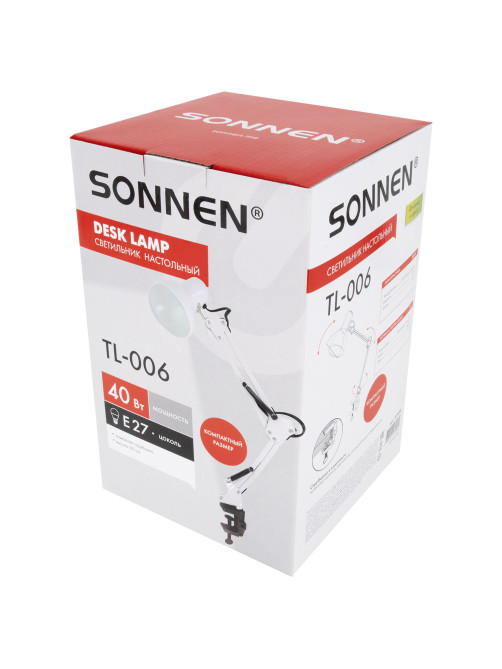 Настольная лампа-светильник SONNEN TL-006, струбцина, 40 Вт, Е27, белый, высота 50 см, 237649