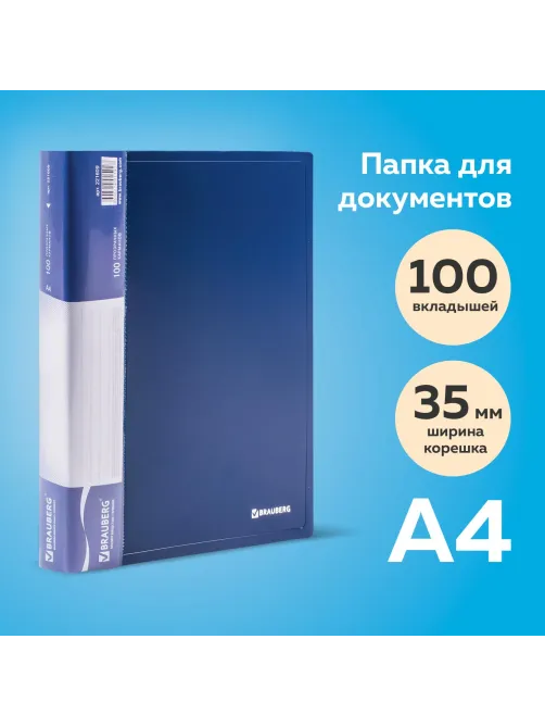 Папка 100 вкладышей BRAUBERG стандарт, синяя, 0,9 мм, 221609