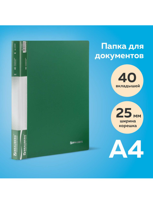 Папка 40 вкладышей BRAUBERG стандарт, зеленая, 0,7 мм, 221601