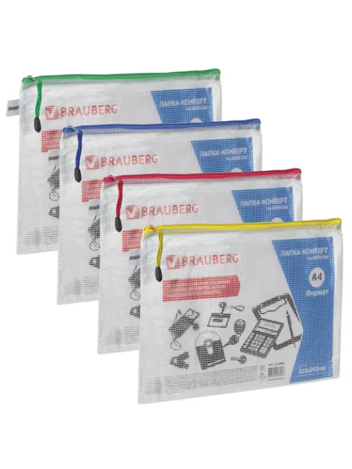 Папка-конверт на молнии А4 (335х243 мм), молния ассорти, ПВХ, сетка, прозрачная, 0,2 мм, BRAUBERG 