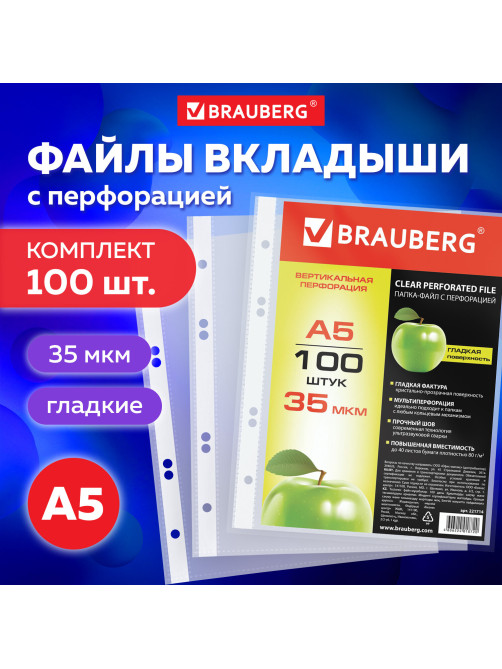 Папки-файлы МАЛОГО ФОРМАТА (148х210 мм), А5, ВЕРТИКАЛЬНЫЕ, КОМПЛЕКТ 100 шт., 35 мкм, BRAUBERG, 221714