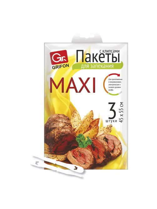 Пакеты для запекания с клипсами MAXI, 45х55 см, 15 мкм, 3 шт., GRIFON, 101-212
