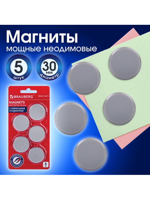 Магниты СУПЕРМОЩНЫЕ НЕОДИМОВЫЕ 30 мм, НАБОР 5 шт., серые, BRAUBERG 