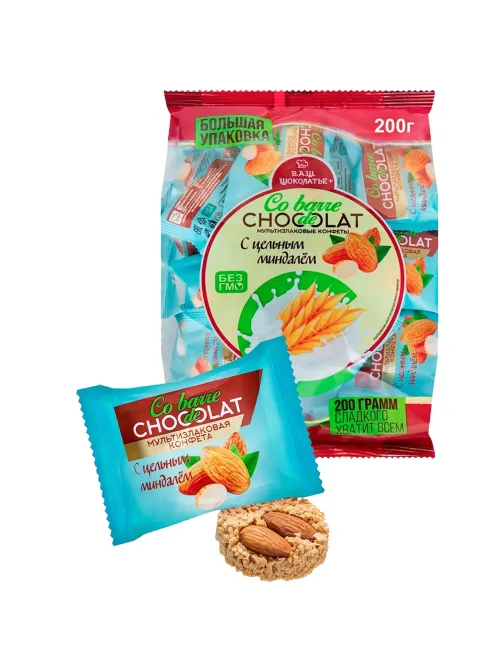 Конфеты мультизлаковые CO BARRE DE CHOCOLAT с цельным миндалем, 200 г, пакет, БП-00001137