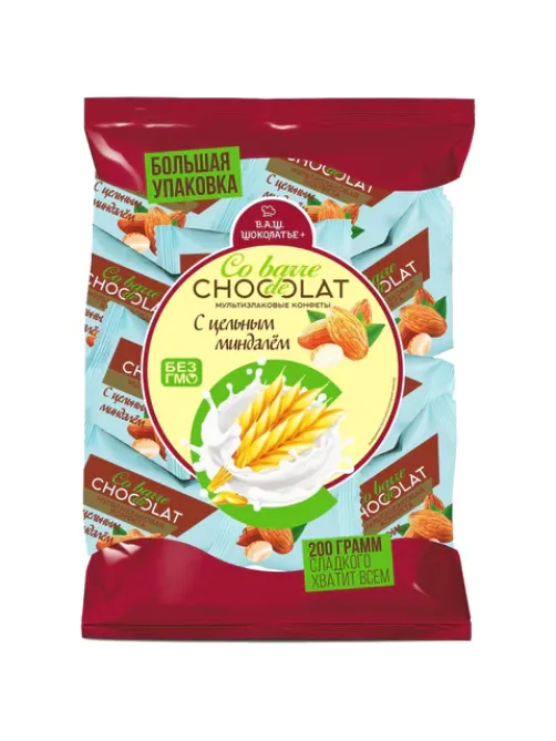 Конфеты мультизлаковые CO BARRE DE CHOCOLAT с цельным миндалем, 200 г, пакет, БП-00001137