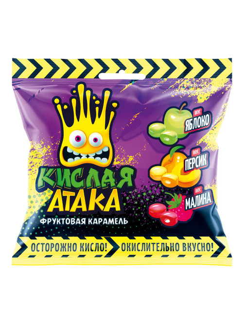 Карамель леденцовая КИСЛАЯ АТАКА, ассорти вкусов (яблоко, персик, малина), 40 г, KA-4-1