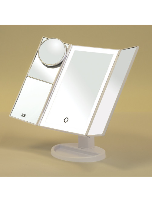 Зеркало настольное с LED-подсветкой для макияжа, размер 24х18 см, складное, увеличение х2, х3, х10, белое, BRABIX, 609337