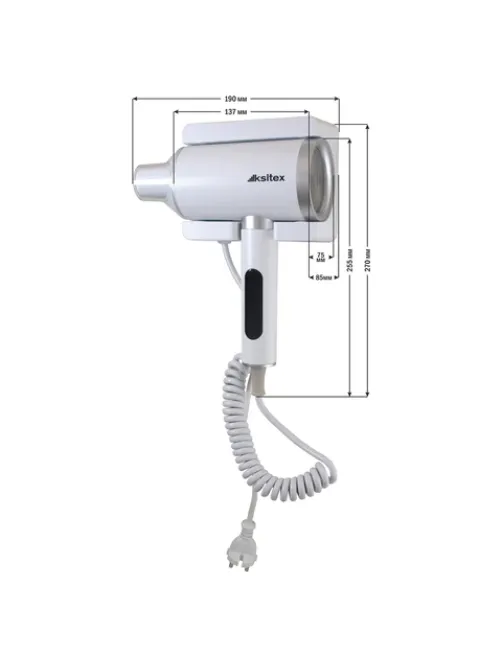 Фен для волос настенный KSITEX F-2000W JET, 2000 Вт, пластик 2 скорости, 2 температурных режима, белый