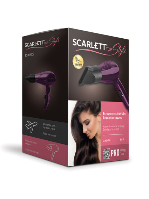 Фен SCARLETT SC-HD70T24, мощность 850 Вт, 2 скорости, 1 температурный режим, складная ручка, фиолетовый