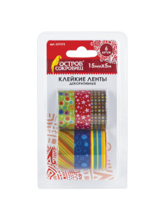 Клейкие ленты 15 мм х 5 м, декоративные, ОСТРОВ СОКРОВИЩ, комплект 6 шт., ассорти №2, блистер, 227272