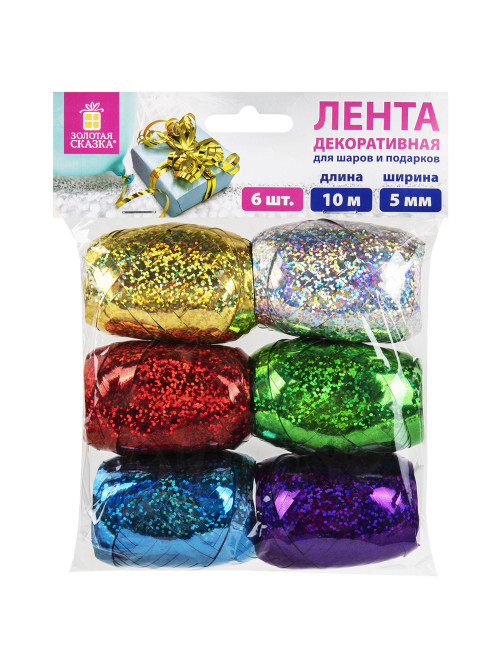 Лента упаковочная декоративная для подарков, голограф, 6 шт., 5 мм х 10 м, цвет ассорти, ЗОЛОТАЯ СКАЗКА, 591829