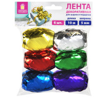 Лента упаковочная декоративная для подарков, металл, 6 шт., 5 мм х 10 м, цвет ассорти, ЗОЛОТАЯ СКАЗКА, 591828