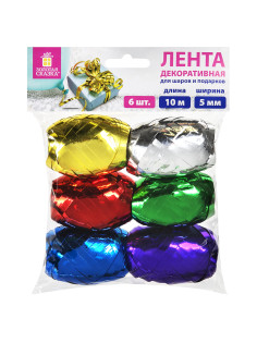 Лента упаковочная декоративная для подарков, металл, 6 шт., 5 мм х 10 м, цвет ассорти, ЗОЛОТАЯ СКАЗКА, 591828