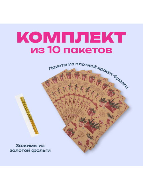 Пакет подарочный КОМПЛЕКТ 10 штук новогодний 12х8х25 см с зажимами, 