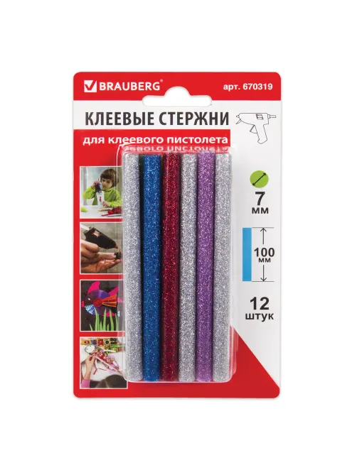 Клеевые стержни, диаметр 7 мм, длина 100 мм, цветные (ассорти), С БЛЕСТКАМИ, КОМПЛЕКТ 12 шт., 6 цветов, BRAUBERG, 670319