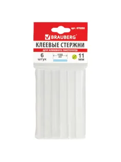 Клеевые стержни, диаметр 11 мм, длина 100 мм, прозрачные, комплект 6 шт., BRAUBERG, европодвес, 670293