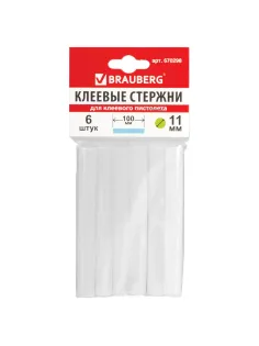 Клеевые стержни, диаметр 11 мм, длина 100 мм, белые, комплект 6 штук, BRAUBERG, европодвес, 670298
