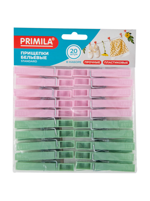 Прищепки бельевые 7,4 см, КОМПЛЕКТ 20 штук, пластик, ассорти, PRIMILA (ПРИМИЛА) STANDARD, 700517