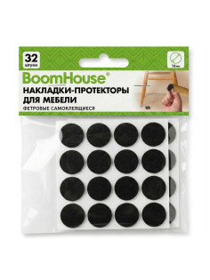 Накладки-протекторы для мебели ФЕТРОВЫЕ самоклеящиеся, d=16 мм, черные, КОМПЛЕКТ 32 шт., BOOMHOUSE (БУМХАУС), 701813