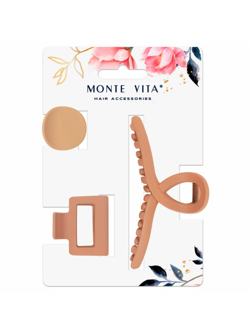 Крабы для волос НАБОР 3 шт., 4 см / 5 см / 11 см, soft touch, коричневый, MONTE VITA (МОНТЕ ВИТА), 457031