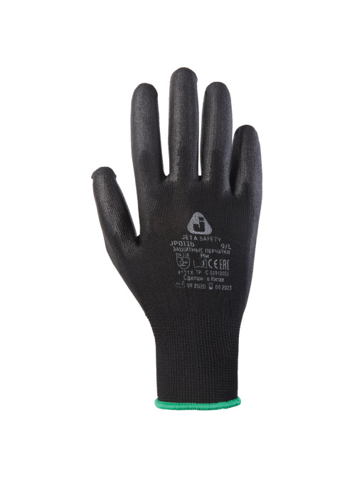 Перчатки нейлоновые JETA SAFETY, полиуретановое покрытие, КОМПЛЕКТ 12 пар, размер 8, M (средний), черные, JP011b, JP011b-M