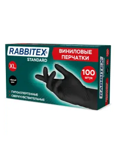 Перчатки виниловые универсальные, 50 пар (100 шт.), размер XL (очень большой), черные, RABBITEX (РАББИТЕКС) Standard, 702170