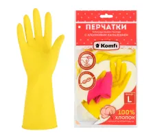 Перчатки МНОГОРАЗОВЫЕ латексные с хлопчатобумажным напылением, желтые, размер 8-9, L (большой), вес 57 г, KOMFI, DGL026P