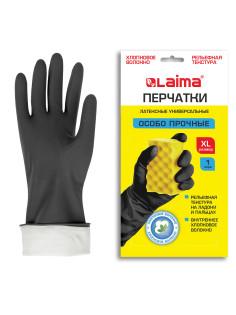 Перчатки МНОГОРАЗОВЫЕ латексные LAIMA, с ХЛОПКОВЫМ ВОЛОКНОМ, черные, размер XL (очень большой), вес 65 г, 700536