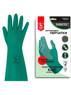 Перчатки нитриловые КЩС, ULTRA STRONG, хим. устойчивые, с хлопковым напылением, зеленые, р-р 9-9,5 L (большой), RABBITEX (РАББИТЕКС), 700912, ACI - 015