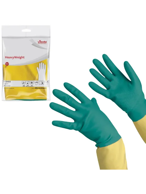 Перчатки VILEDA PROFESSIONAL латекс-неопреновые МНОГОРАЗОВЫЕ х/б напыление, СВЕРХПРОЧНЫЕ, размер L (большой), зеленые/желтые, 174307