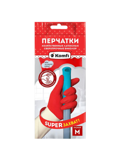 Перчатки МНОГОРАЗОВЫЕ латексные БИКОЛОР ПРОЧНЫЕ, бело-красные, размер 7-8, M (средний), вес 70 г, Komfi, ADM, 25813