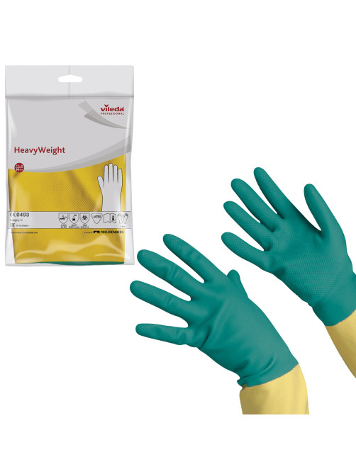 Перчатки VILEDA PROFESSIONAL латекс-неопреновые МНОГОРАЗОВЫЕ х/б напыление СВЕРХПРОЧНЫЕ, размер M (средний), зеленые/желтые, 174305