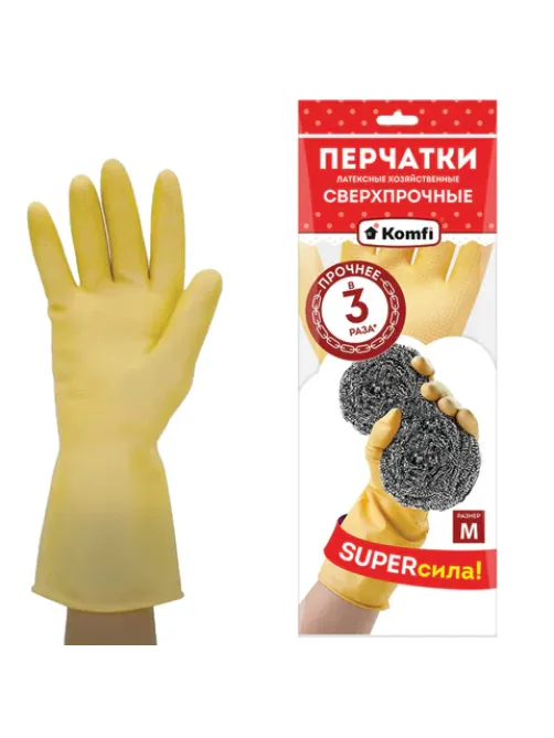 Перчатки МНОГОРАЗОВЫЕ латексные SUPER СИЛА СВЕРХПРОЧНЫЕ, бежевые, размер 7-8, M (средний), вес 96 г, Komfi, ADM, 20073
