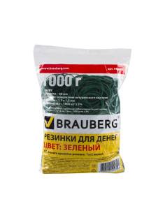 Резинки банковские универсальные диаметром 60 мм, BRAUBERG 1000 г, зеленые, натуральный каучук, 440103